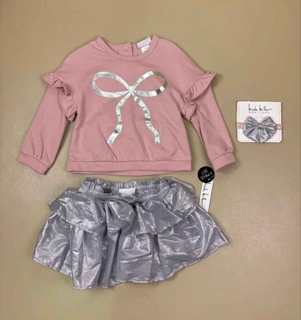 Nicole Miller New York Baby Girls 18M 3 Piece Outfit Pink Silver Bow Skort NWT